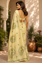 Dwija Fashion Yellow Party Wear Printed Linen Ready To Wear Saree With Unstitched Blouse | Grocsy