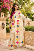 Dwija Fashion White Party Wear Printed Linen Ready To Wear Saree With Unstitched Blouse | Grocsy