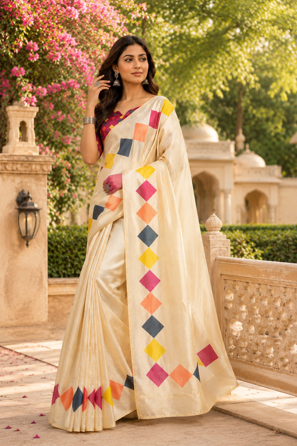 Dwija Fashion White Party Wear Printed Linen Ready To Wear Saree With Unstitched Blouse | Grocsy