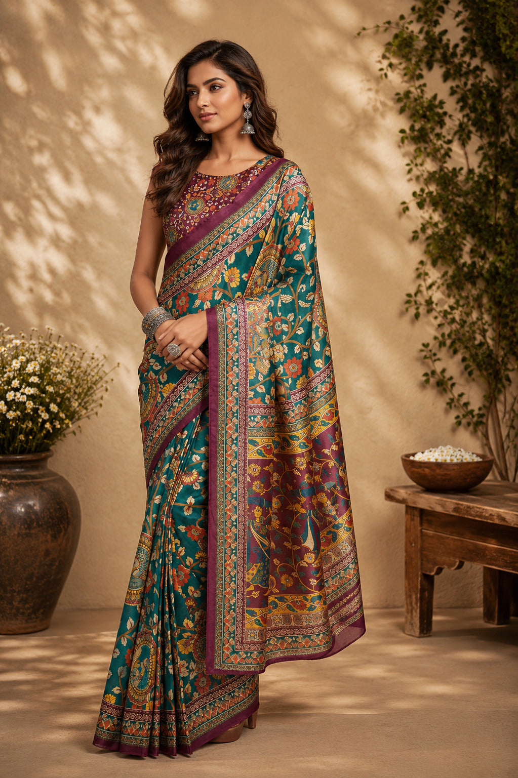 Dwija Fashion Green Party Wear Printed Linen Ready To Wear Saree With Unstitched Blouse | Grocsy