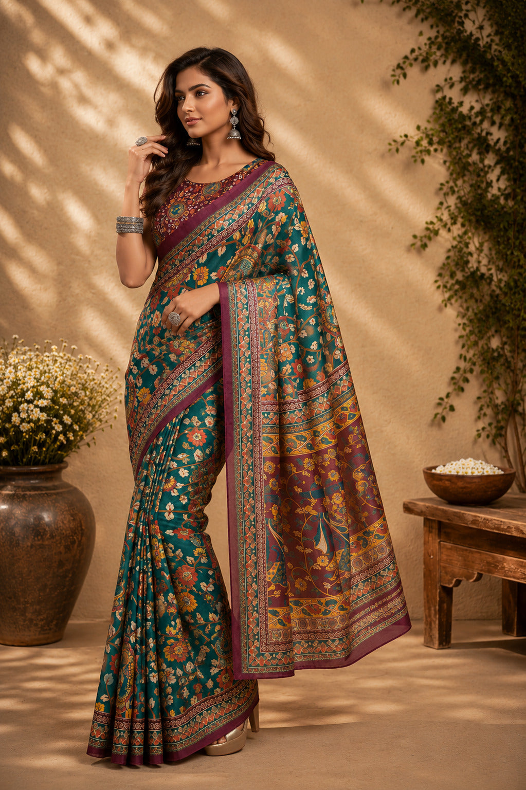 Dwija Fashion Green Party Wear Printed Linen Ready To Wear Saree With Unstitched Blouse | Grocsy