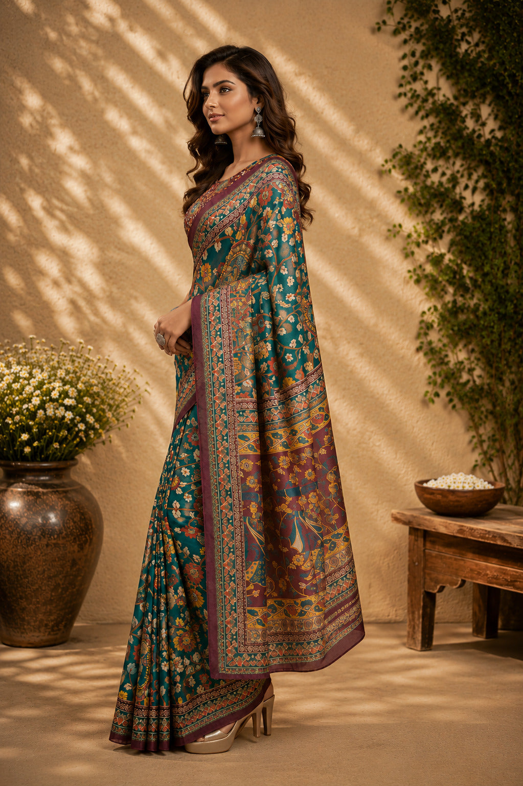 Dwija Fashion Green Party Wear Printed Linen Ready To Wear Saree With Unstitched Blouse | Grocsy