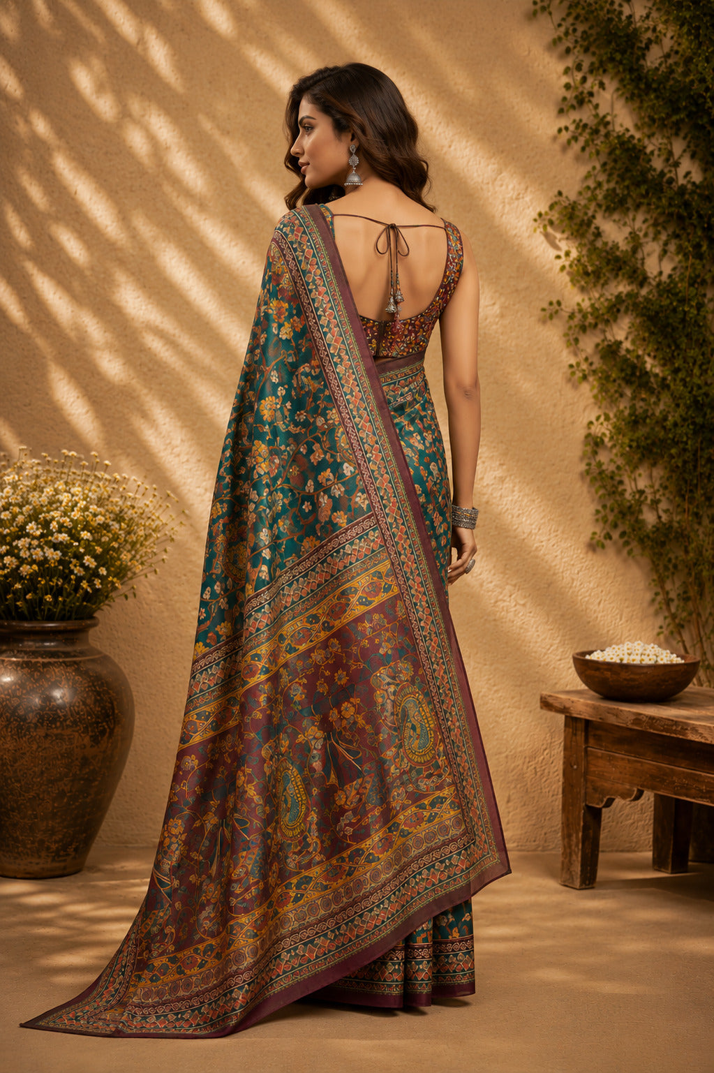 Dwija Fashion Green Party Wear Printed Linen Ready To Wear Saree With Unstitched Blouse | Grocsy