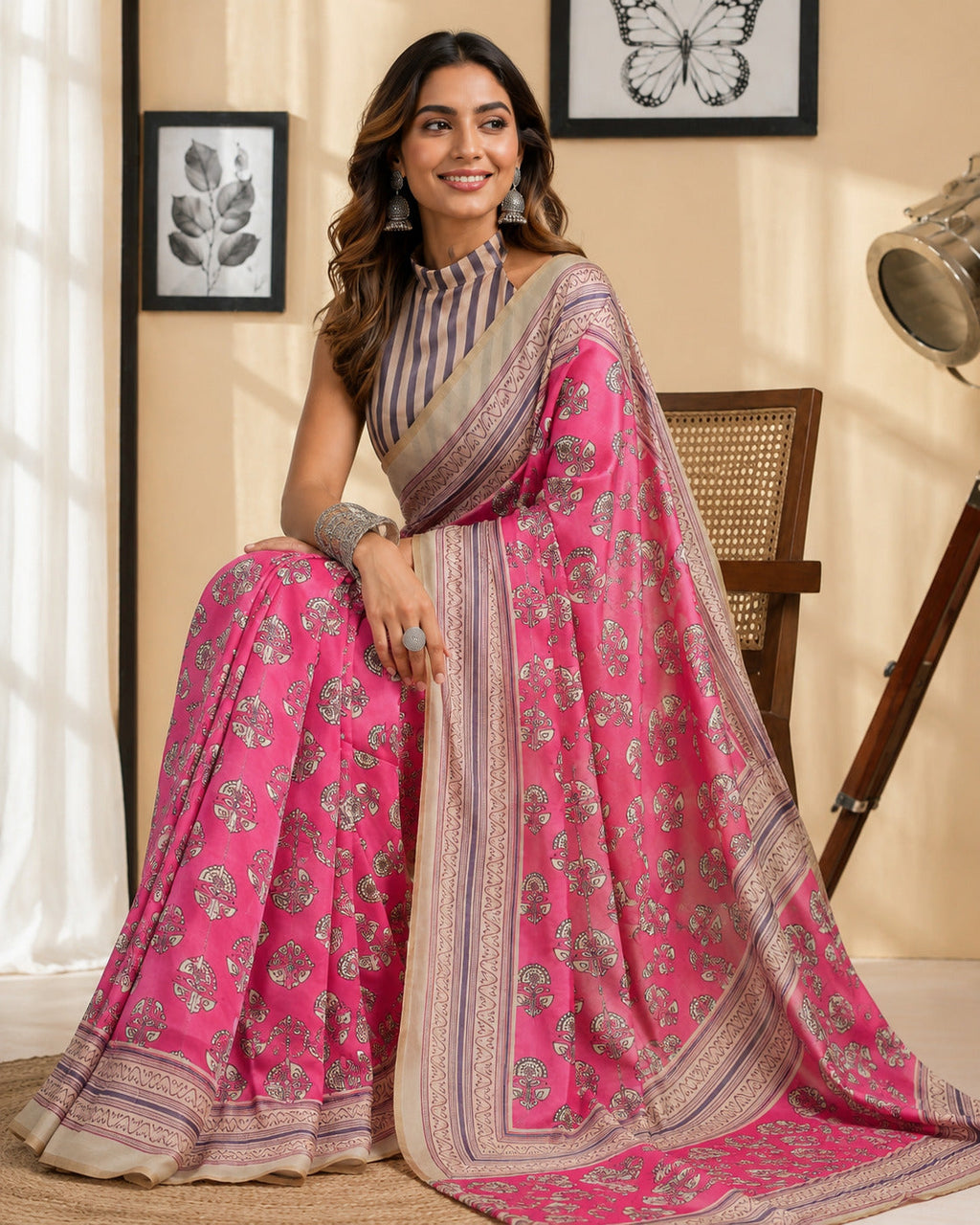 Dwija Fashion Pink Party Wear Printed Linen Ready To Wear Saree With Unstitched Blouse | Grocsy