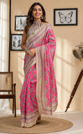 Dwija Fashion Pink Party Wear Printed Linen Ready To Wear Saree With Unstitched Blouse | Grocsy