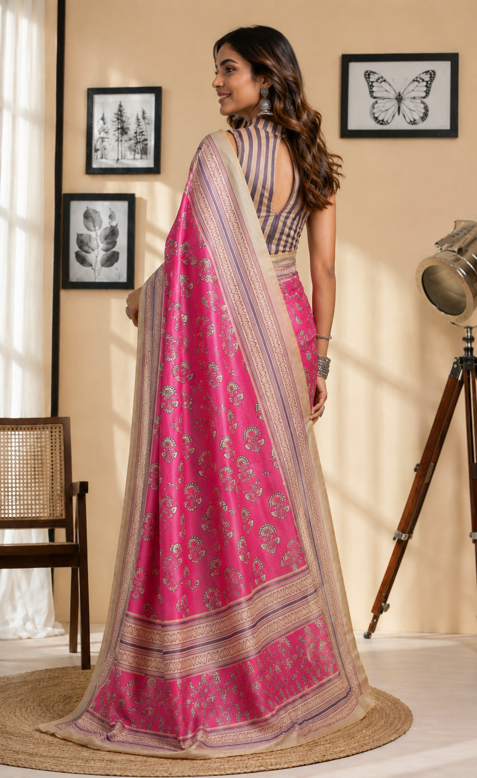 Dwija Fashion Pink Party Wear Printed Linen Ready To Wear Saree With Unstitched Blouse | Grocsy