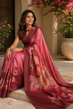 Dwija Fashion Baby pink Party Wear Printed Linen Ready To Wear Saree With Unstitched Blouse | Grocsy