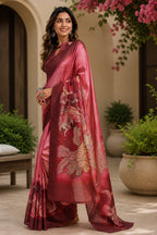 Dwija Fashion Baby pink Party Wear Printed Linen Ready To Wear Saree With Unstitched Blouse | Grocsy