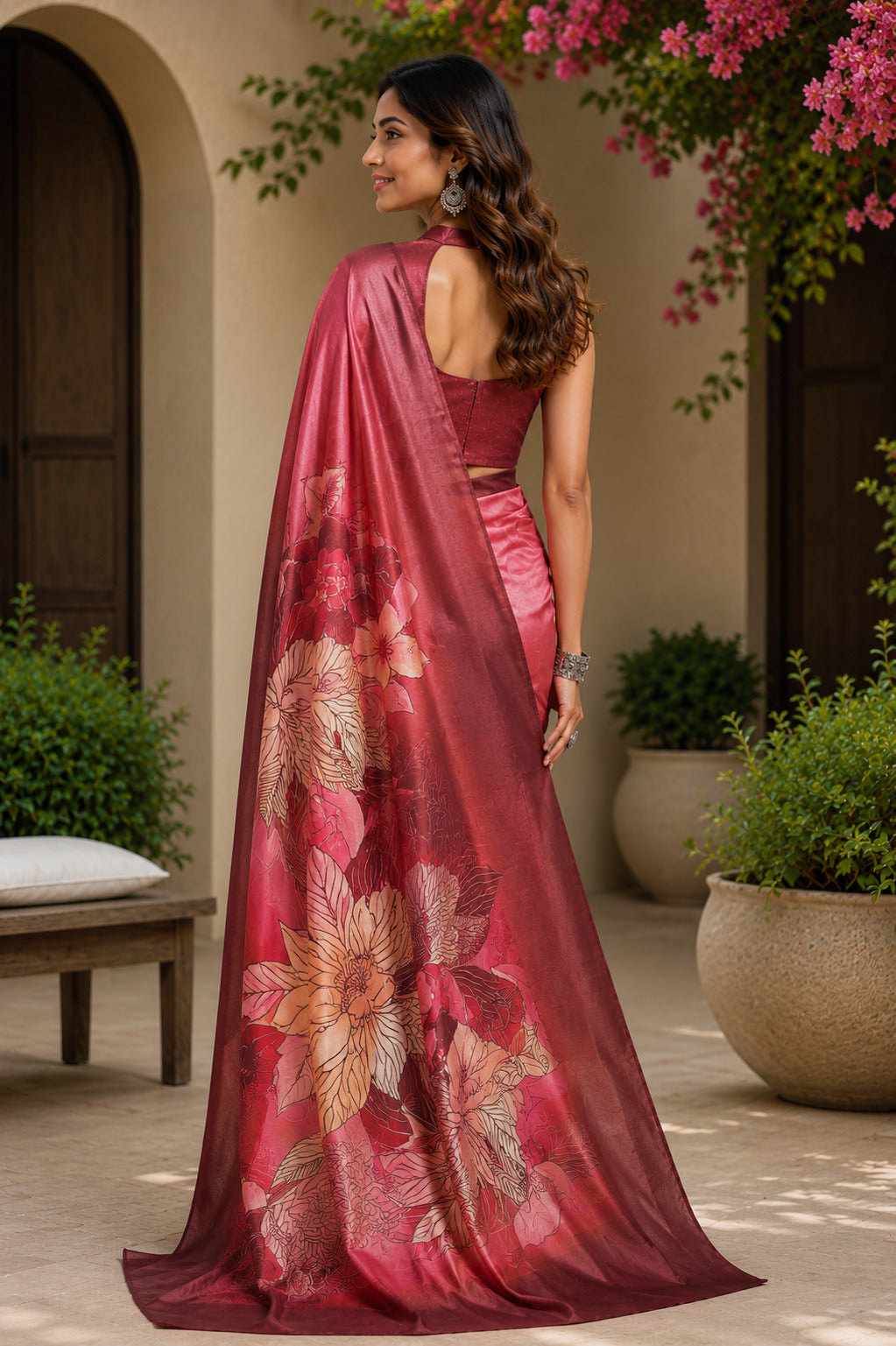 Dwija Fashion Baby pink Party Wear Printed Linen Ready To Wear Saree With Unstitched Blouse | Grocsy