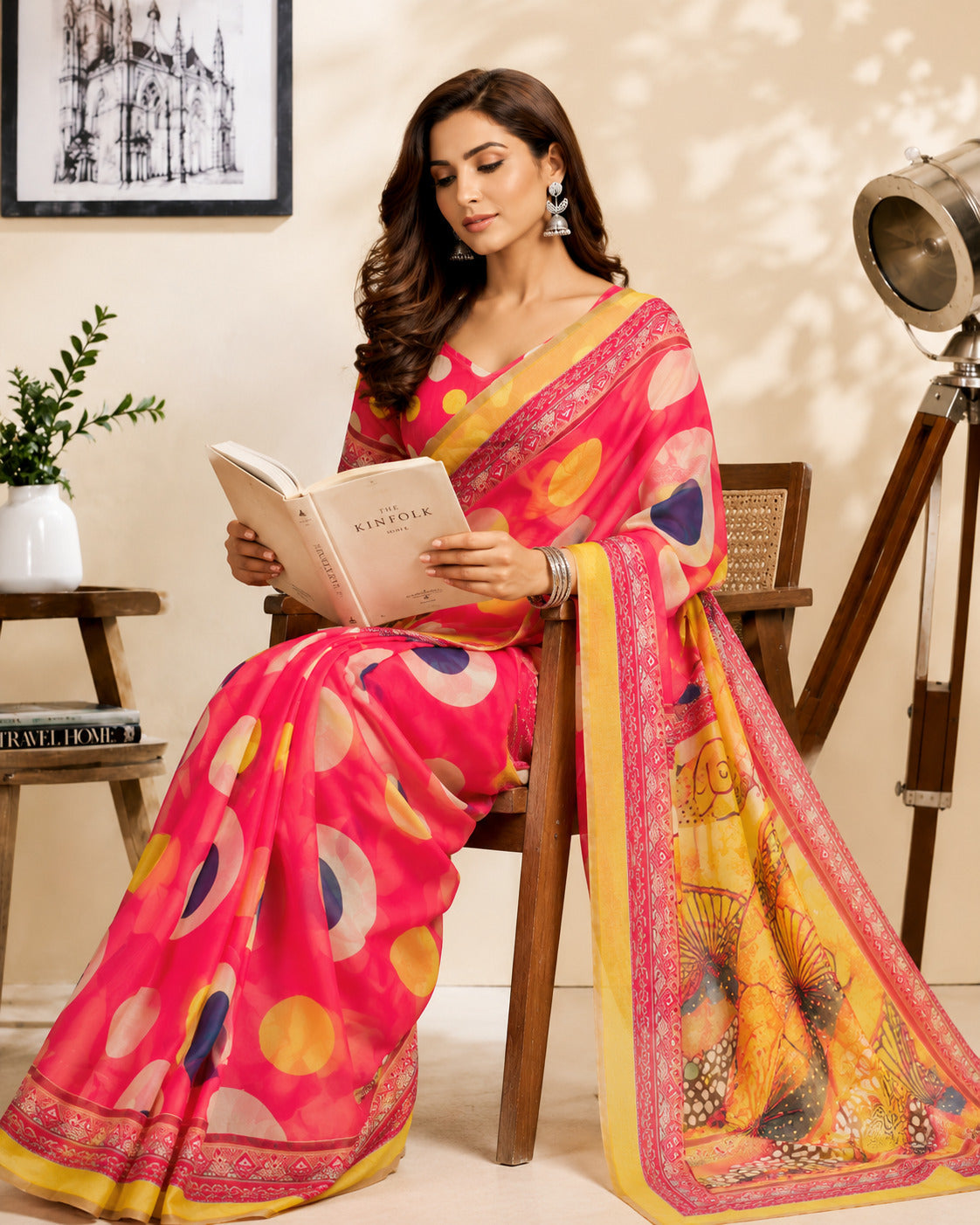 Dwija Fashion Red Party Wear Printed Linen Ready To Wear Saree With Unstitched Blouse | Grocsy