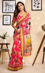 Dwija Fashion Red Party Wear Printed Linen Ready To Wear Saree With Unstitched Blouse | Grocsy
