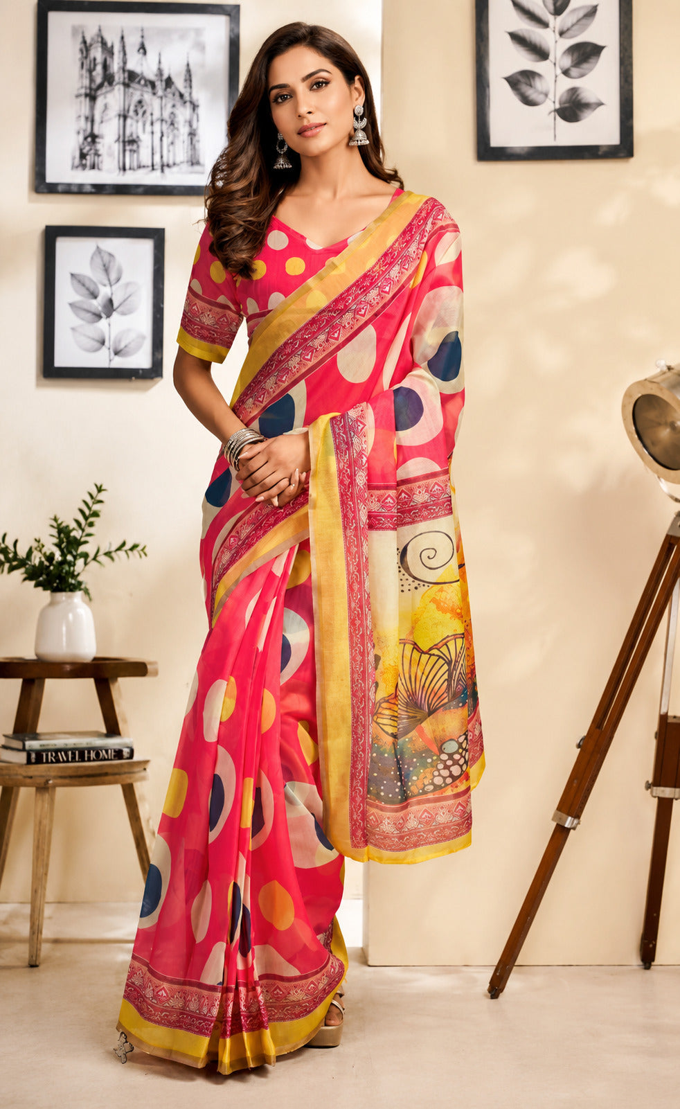 Dwija Fashion Red Party Wear Printed Linen Ready To Wear Saree With Unstitched Blouse | Grocsy