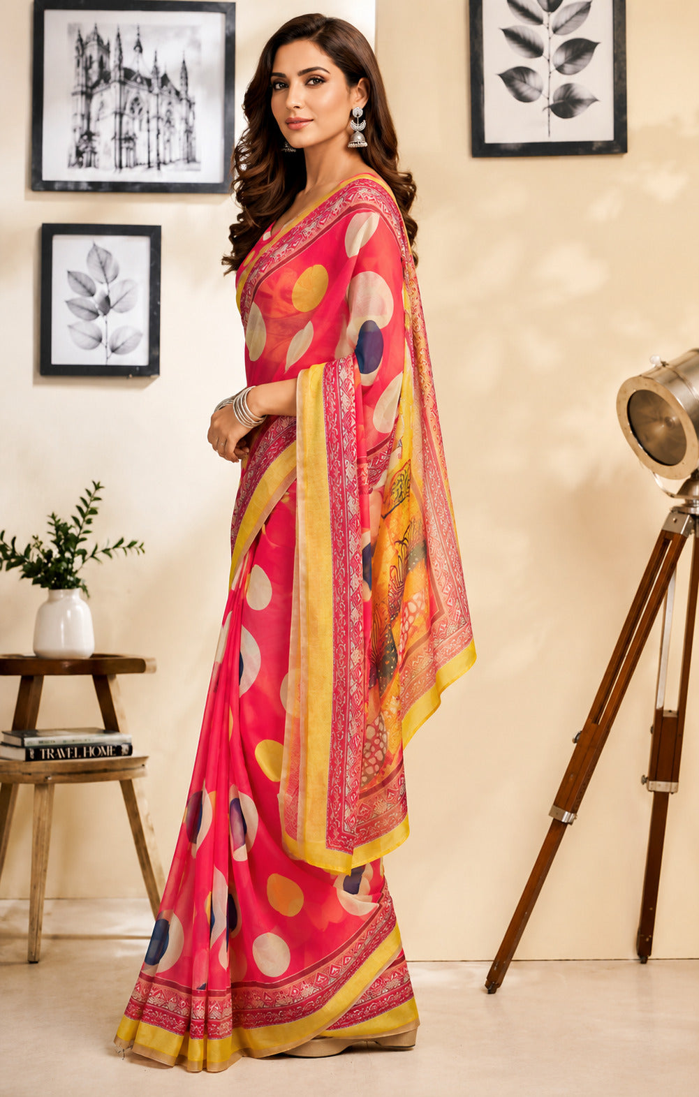Dwija Fashion Red Party Wear Printed Linen Ready To Wear Saree With Unstitched Blouse | Grocsy