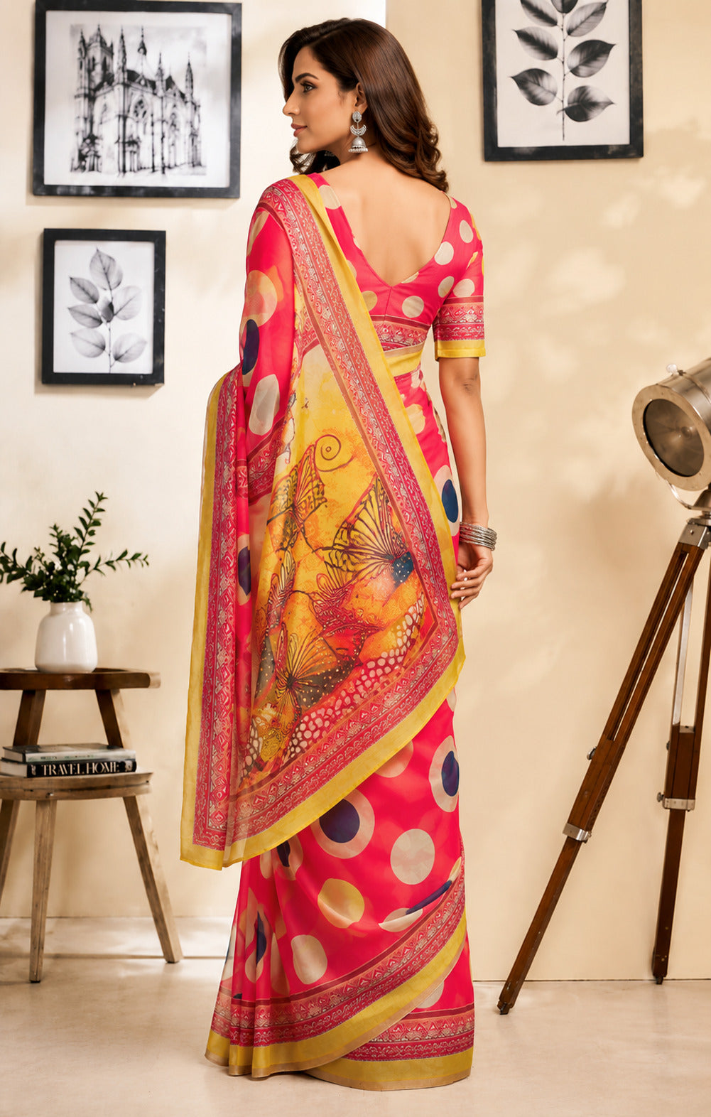 Dwija Fashion Red Party Wear Printed Linen Ready To Wear Saree With Unstitched Blouse | Grocsy