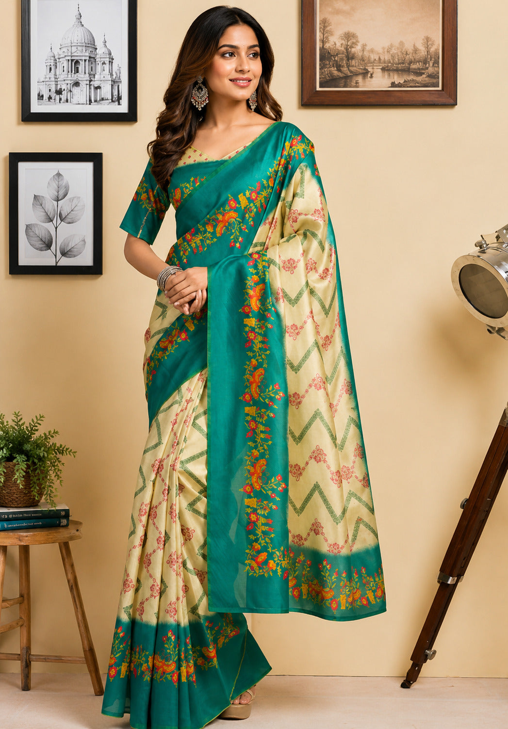 Dwija Fashion Off - White Party Wear Printed Linen Ready To Wear Saree With Unstitched Blouse | Grocsy
