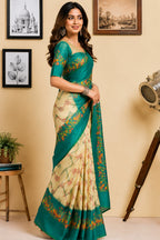 Dwija Fashion Off - White Party Wear Printed Linen Ready To Wear Saree With Unstitched Blouse | Grocsy