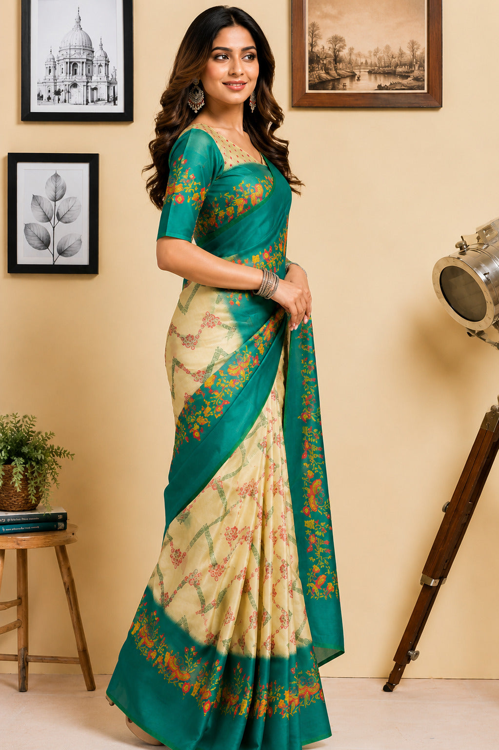 Dwija Fashion Off - White Party Wear Printed Linen Ready To Wear Saree With Unstitched Blouse | Grocsy