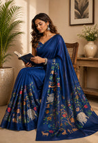 Dwija Fashion Navy Blue Party Wear Printed Linen Ready To Wear Saree With Unstitched Blouse | Grocsy