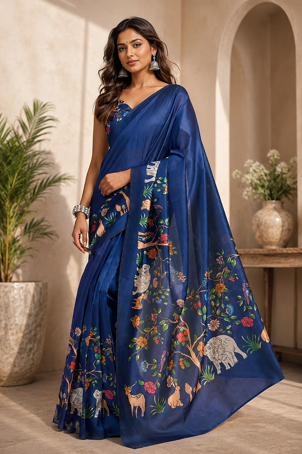 Dwija Fashion Navy Blue Party Wear Printed Linen Ready To Wear Saree With Unstitched Blouse | Grocsy