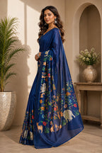 Dwija Fashion Navy Blue Party Wear Printed Linen Ready To Wear Saree With Unstitched Blouse | Grocsy