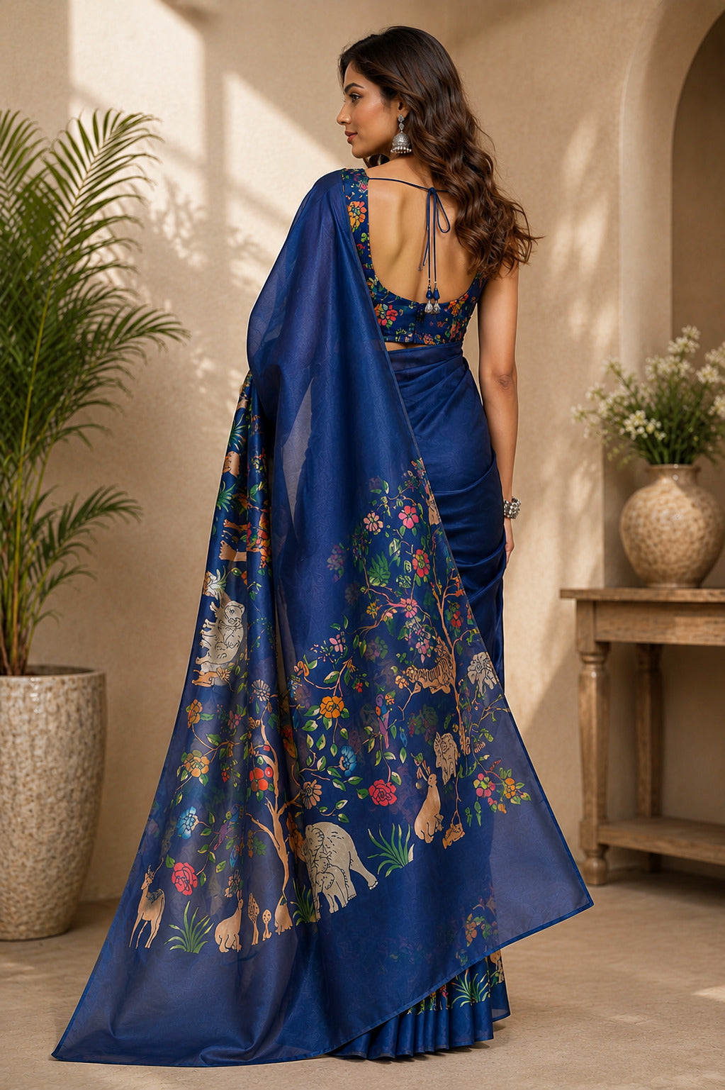 Dwija Fashion Navy Blue Party Wear Printed Linen Ready To Wear Saree With Unstitched Blouse | Grocsy