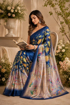 Dwija Fashion Navy Blue Party Wear Printed Linen Ready To Wear Saree With Unstitched Blouse | Grocsy