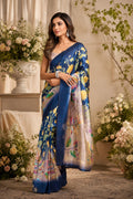 Dwija Fashion Navy Blue Party Wear Printed Linen Ready To Wear Saree With Unstitched Blouse | Grocsy