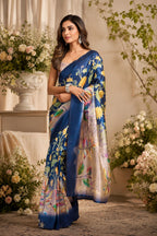 Dwija Fashion Navy Blue Party Wear Printed Linen Ready To Wear Saree With Unstitched Blouse | Grocsy