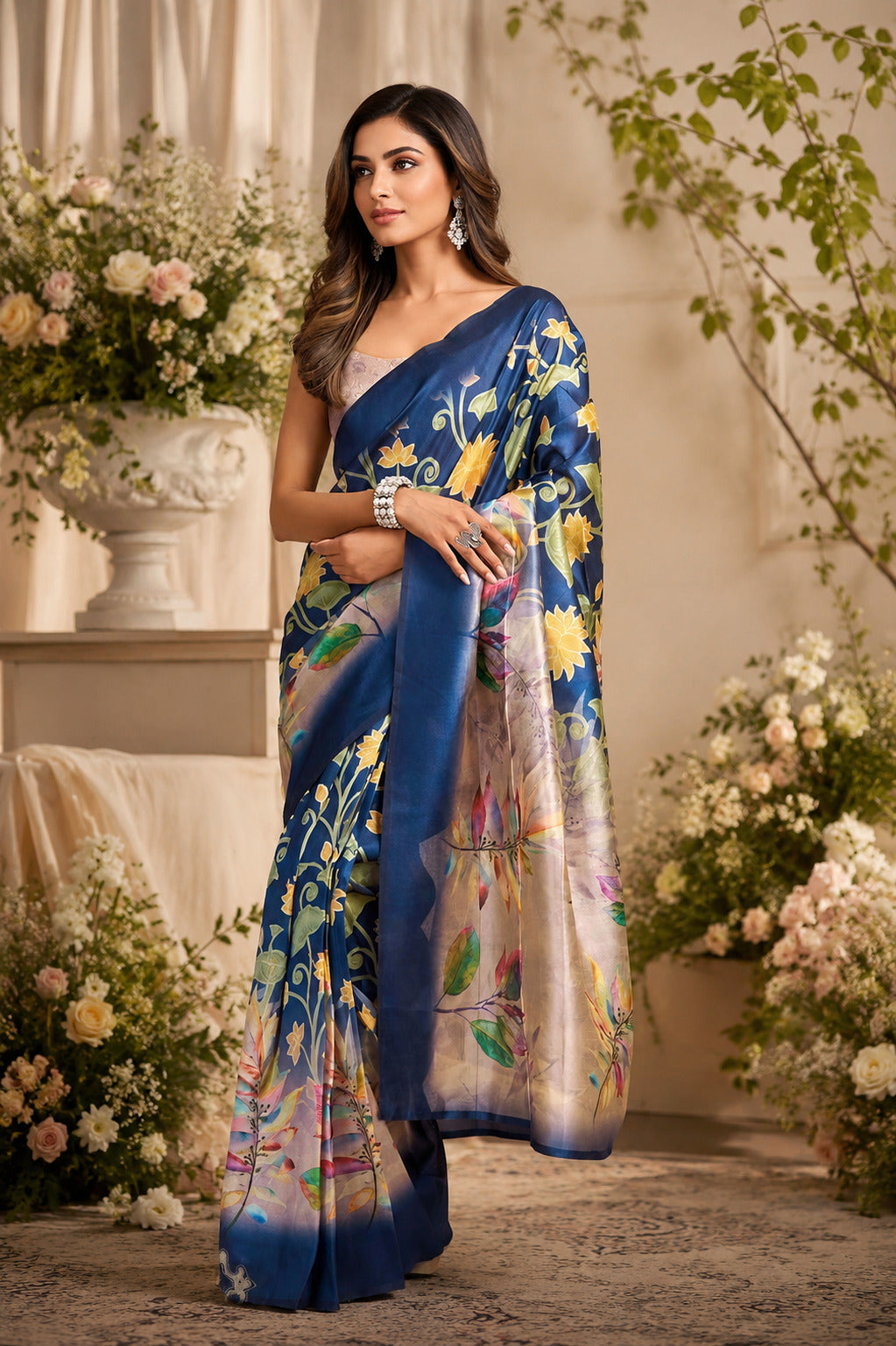 Dwija Fashion Navy Blue Party Wear Printed Linen Ready To Wear Saree With Unstitched Blouse | Grocsy