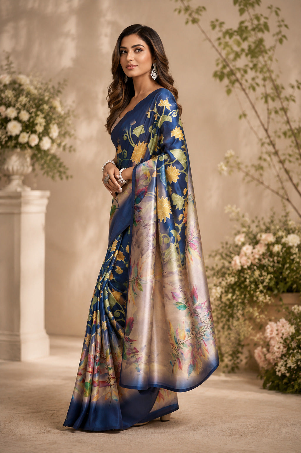 Dwija Fashion Navy Blue Party Wear Printed Linen Ready To Wear Saree With Unstitched Blouse | Grocsy