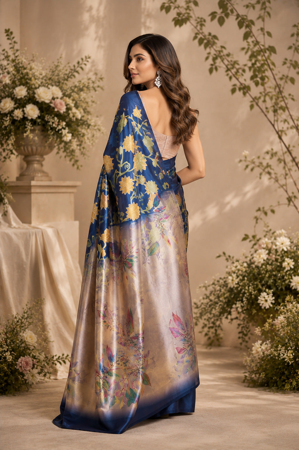 Dwija Fashion Navy Blue Party Wear Printed Linen Ready To Wear Saree With Unstitched Blouse | Grocsy
