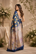 Dwija Fashion Navy Blue Party Wear Printed Linen Ready To Wear Saree With Unstitched Blouse | Grocsy