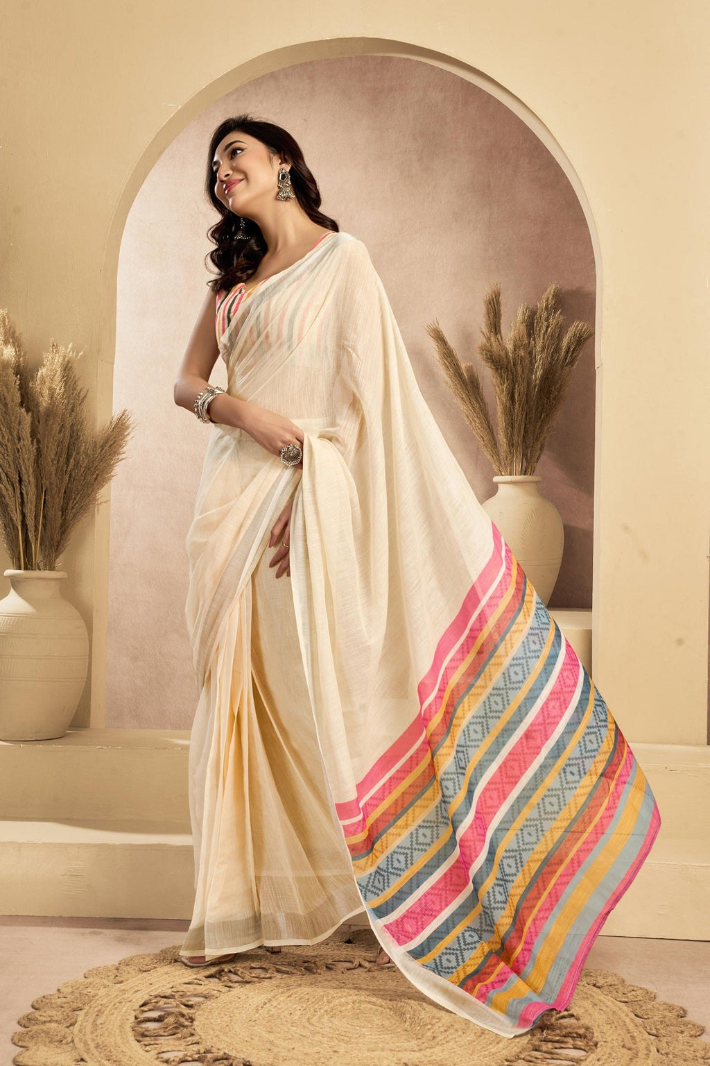 Dwija Fashion Off - White Party Wear Printed Linen Ready To Wear Saree With Unstitched Blouse | Grocsy