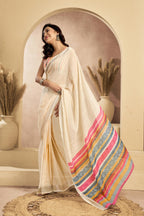 Dwija Fashion Off - White Party Wear Printed Linen Ready To Wear Saree With Unstitched Blouse | Grocsy