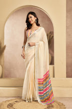 Dwija Fashion Off - White Party Wear Printed Linen Ready To Wear Saree With Unstitched Blouse | Grocsy