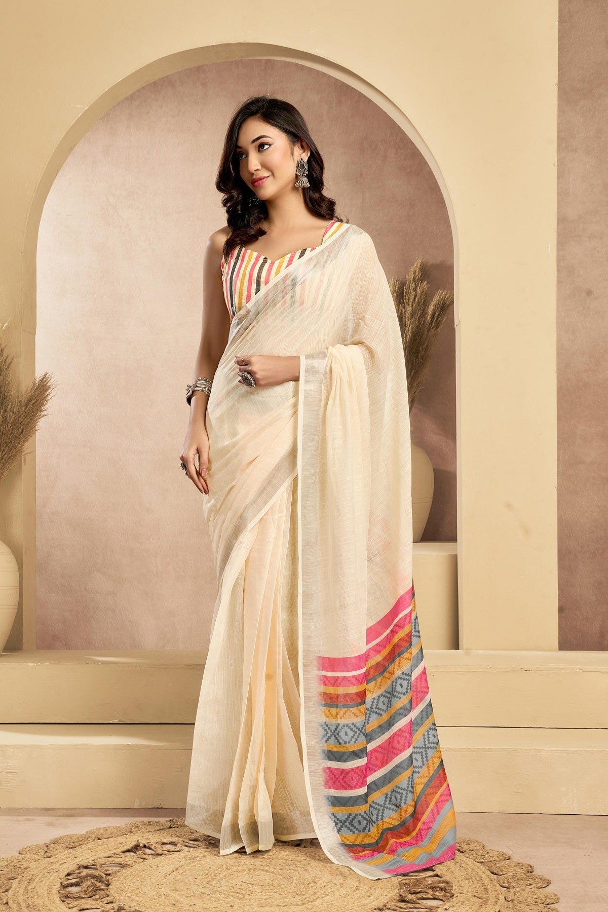 Dwija Fashion Off - White Party Wear Printed Linen Ready To Wear Saree With Unstitched Blouse | Grocsy