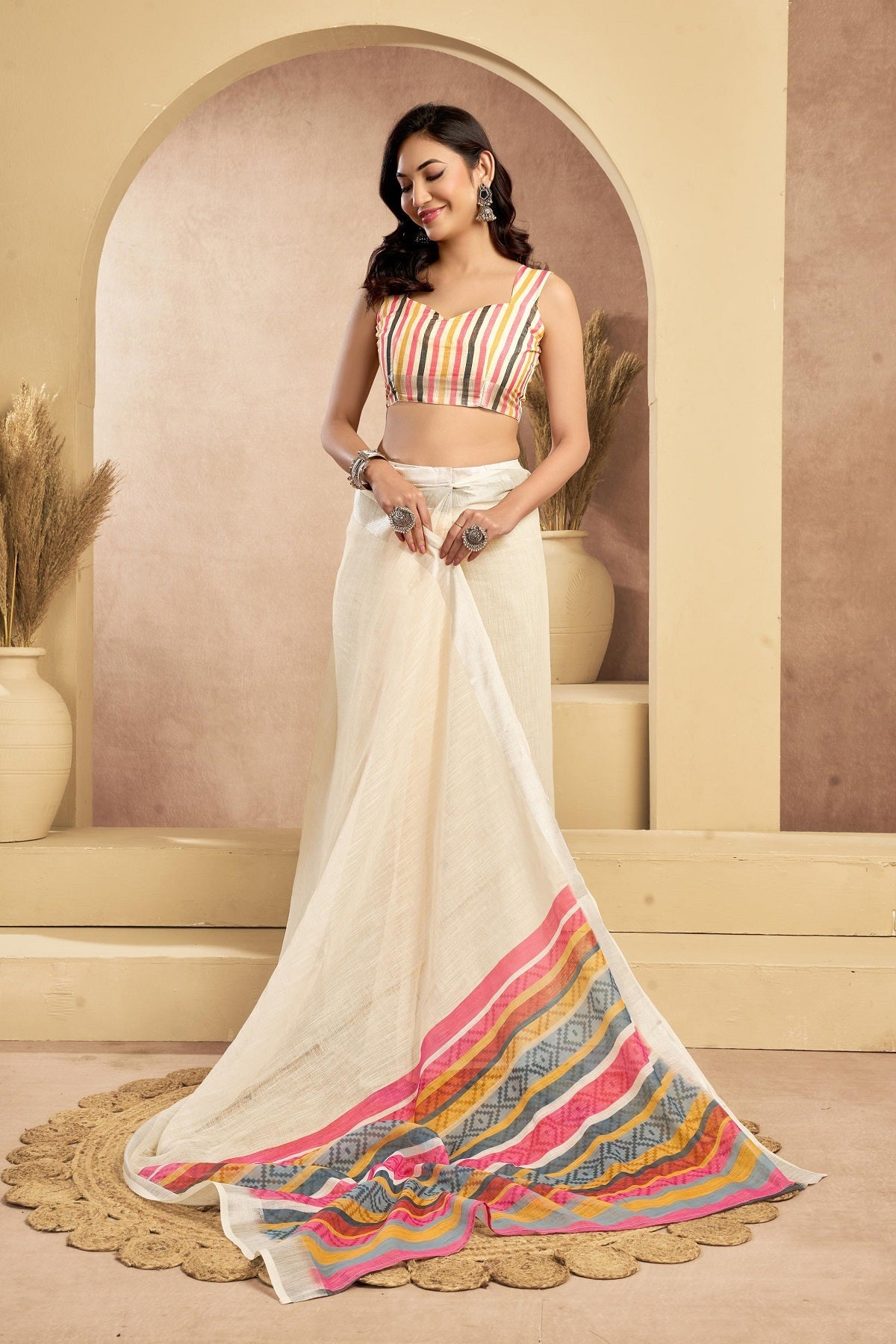 Dwija Fashion Off - White Party Wear Printed Linen Ready To Wear Saree With Unstitched Blouse | Grocsy