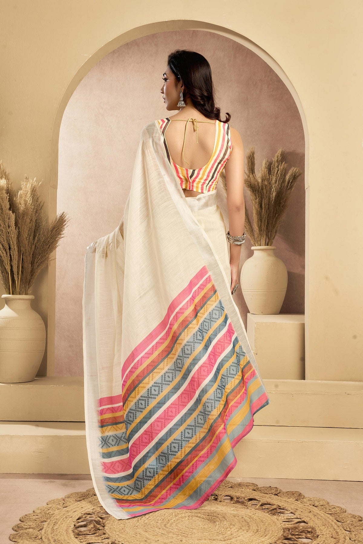 Dwija Fashion Off - White Party Wear Printed Linen Ready To Wear Saree With Unstitched Blouse | Grocsy
