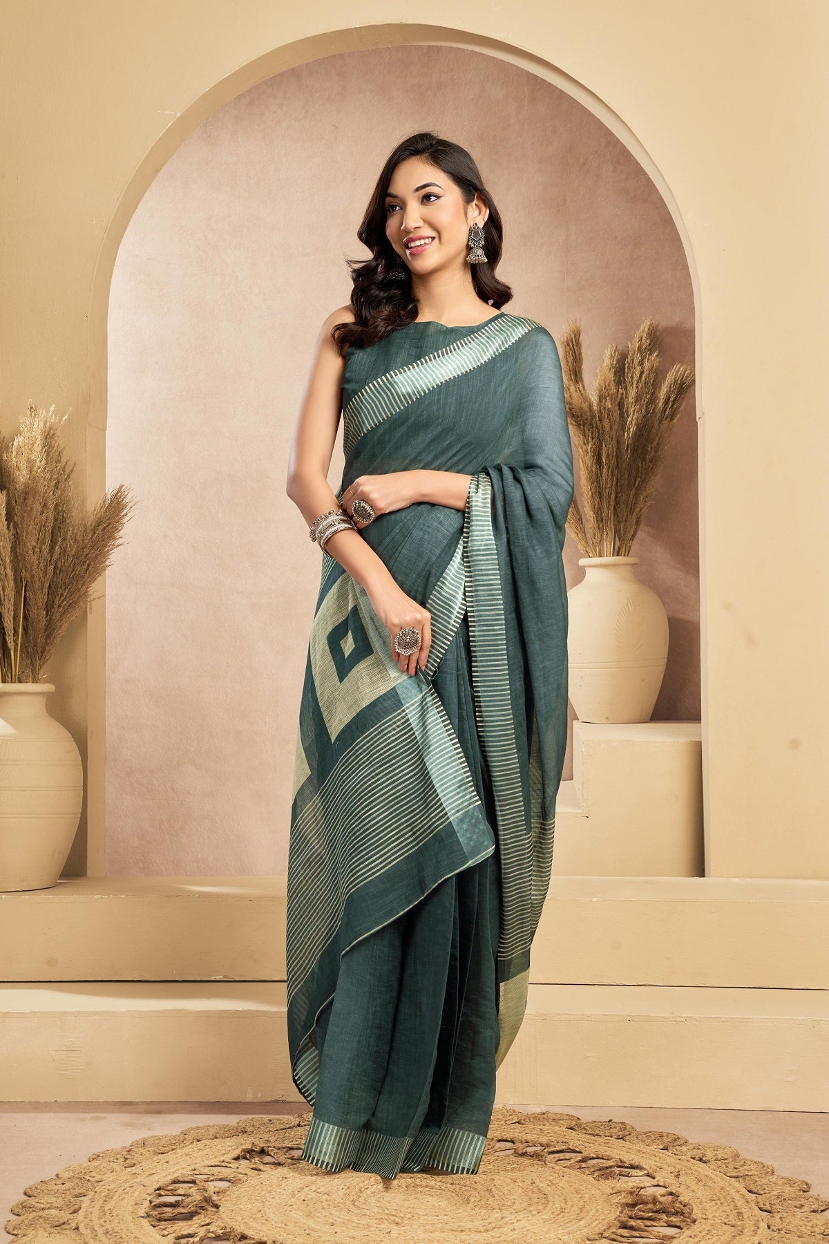 Dwija Fashion Sage Green Party Wear Printed Linen Ready To Wear Saree With Unstitched Blouse | Grocsy