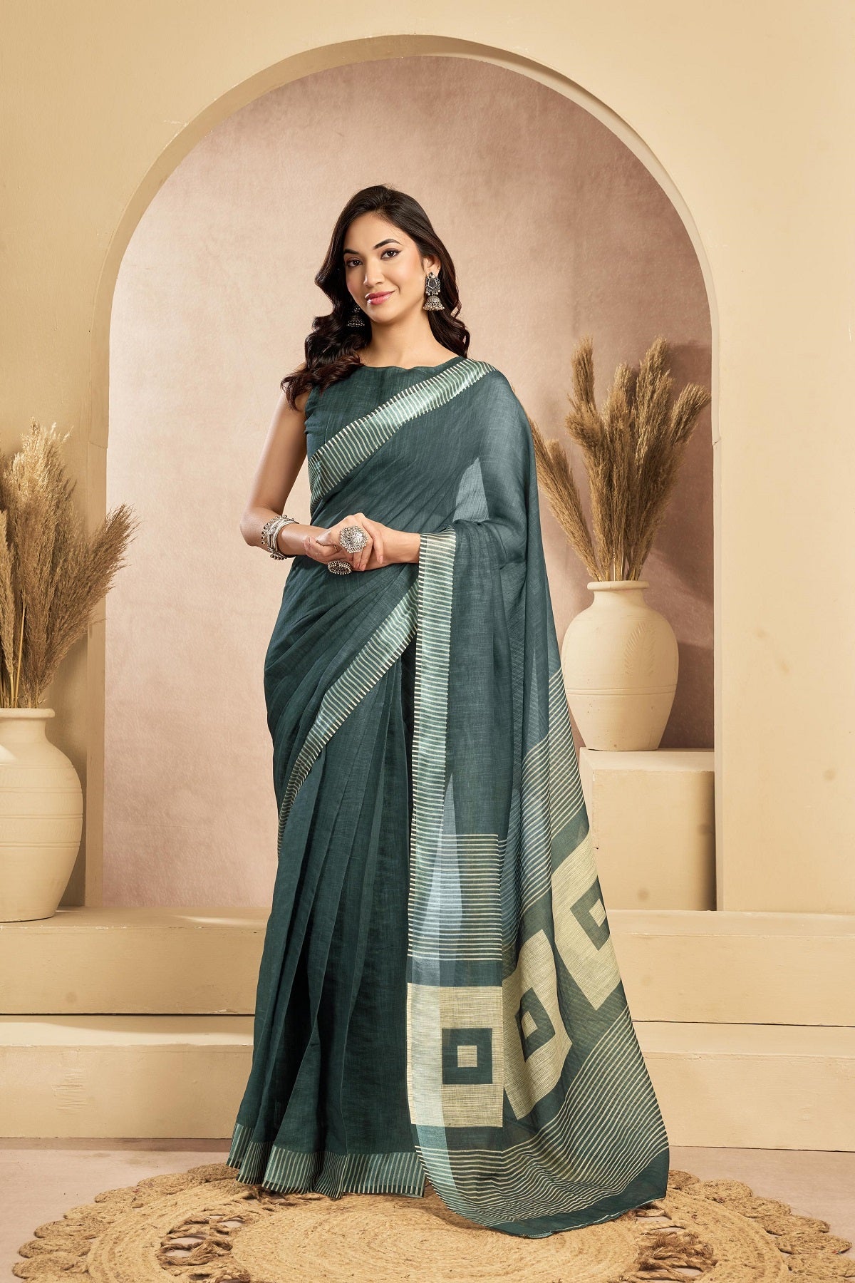 Dwija Fashion Sage Green Party Wear Printed Linen Ready To Wear Saree With Unstitched Blouse | Grocsy