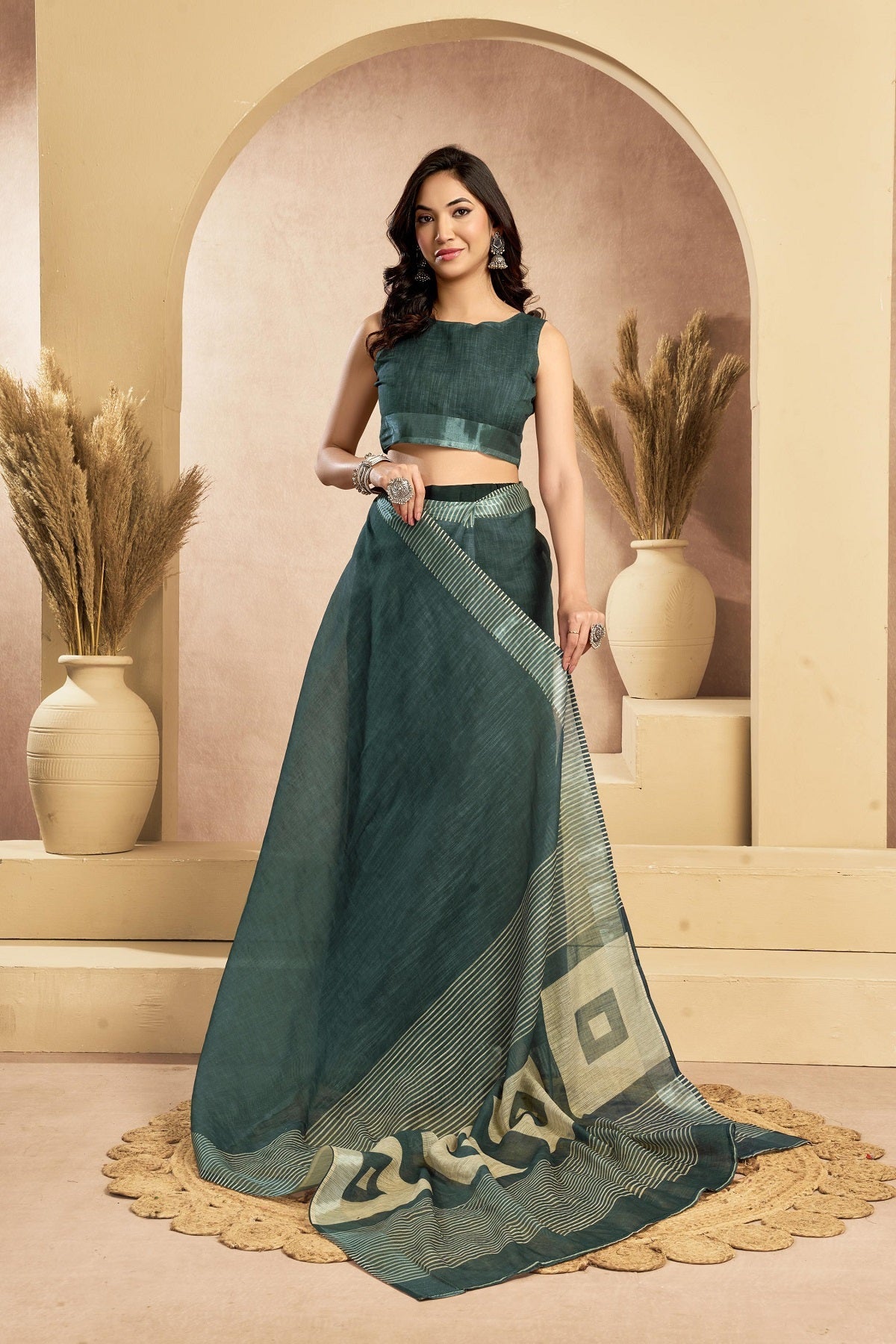 Dwija Fashion Sage Green Party Wear Printed Linen Ready To Wear Saree With Unstitched Blouse | Grocsy