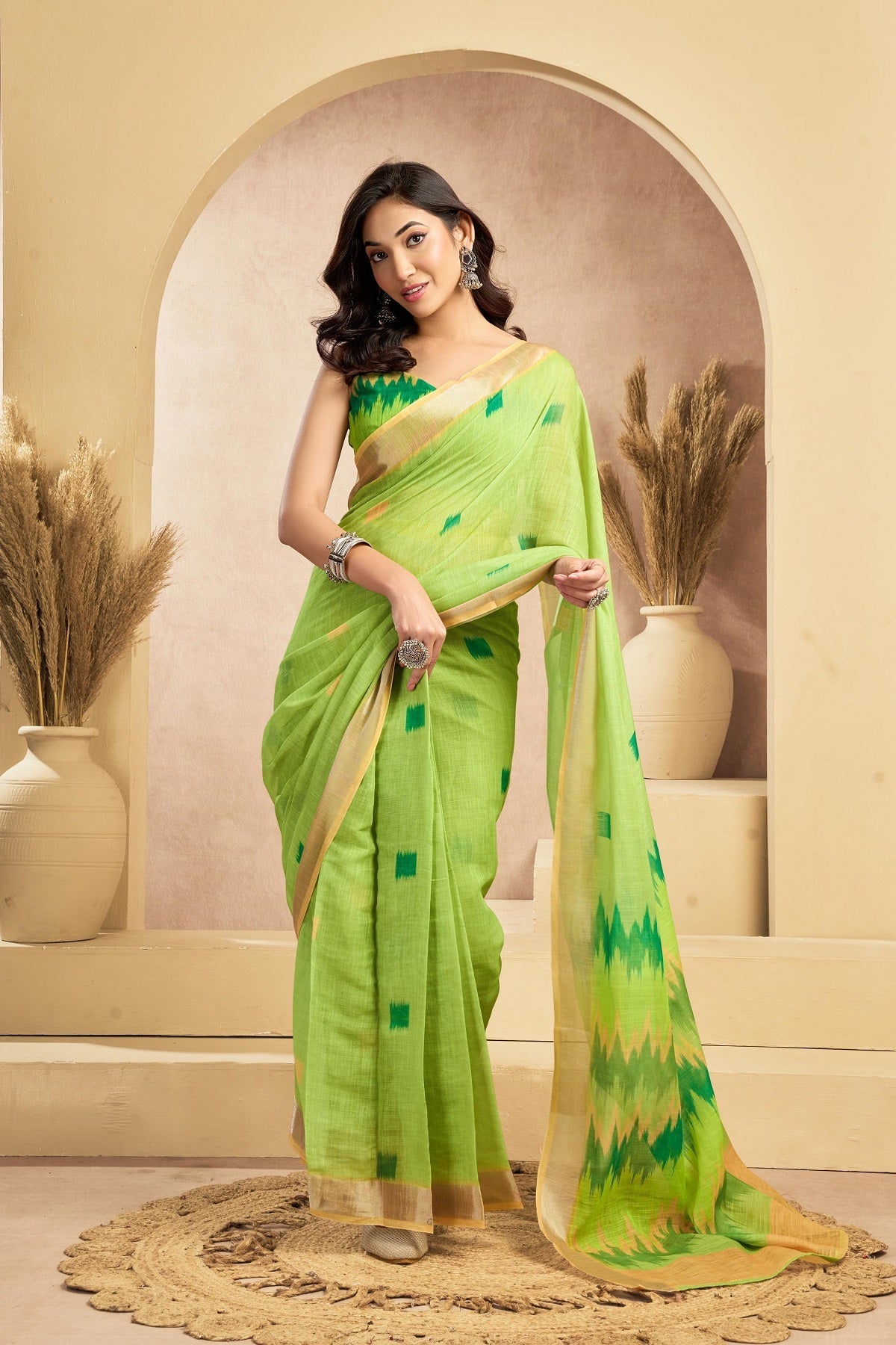 Dwija Fashion Mint Green Party Wear Printed Linen Ready To Wear Saree With Unstitched Blouse | Grocsy