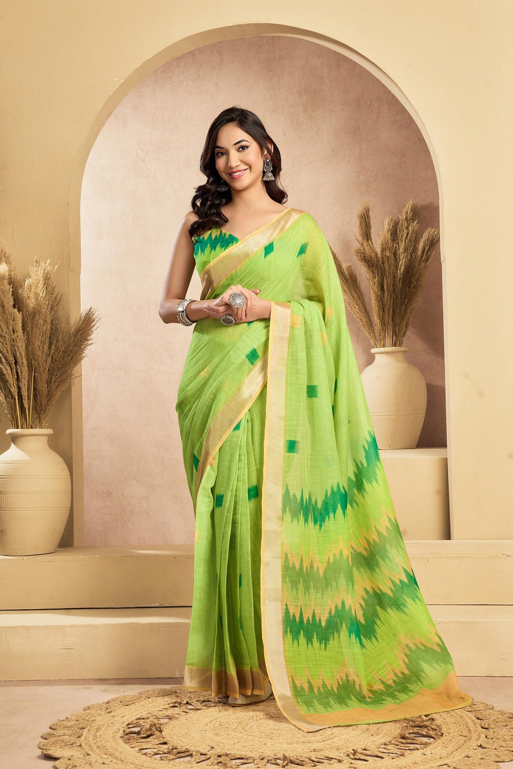 Dwija Fashion Mint Green Party Wear Printed Linen Ready To Wear Saree With Unstitched Blouse | Grocsy