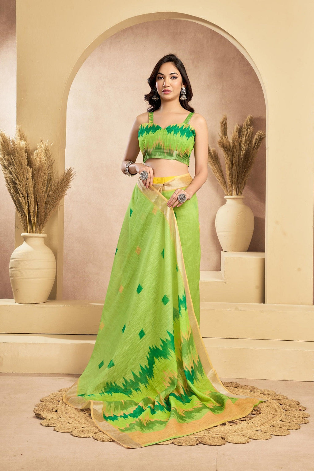 Dwija Fashion Mint Green Party Wear Printed Linen Ready To Wear Saree With Unstitched Blouse | Grocsy