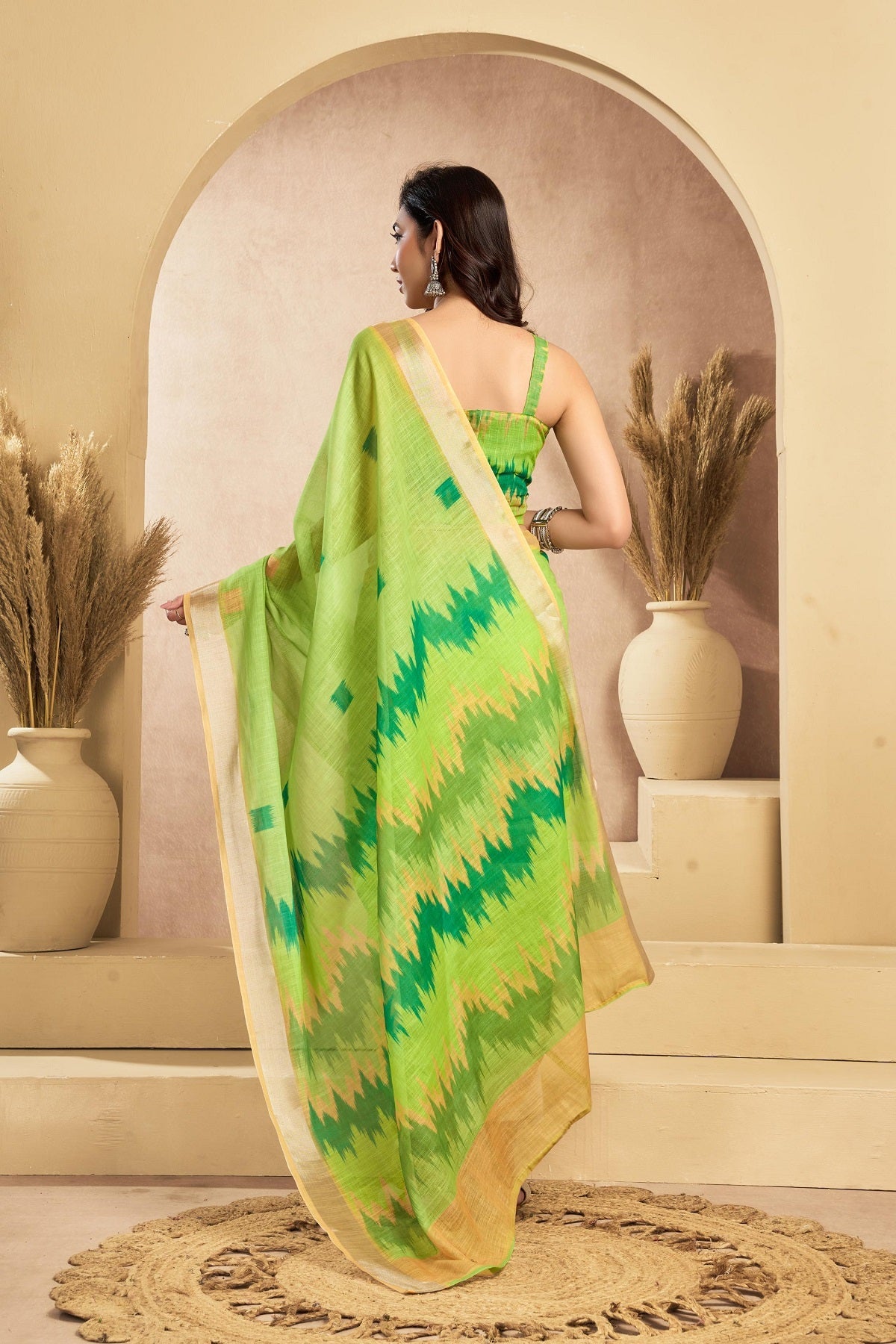 Dwija Fashion Mint Green Party Wear Printed Linen Ready To Wear Saree With Unstitched Blouse | Grocsy
