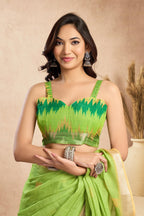 Dwija Fashion Mint Green Party Wear Printed Linen Ready To Wear Saree With Unstitched Blouse | Grocsy