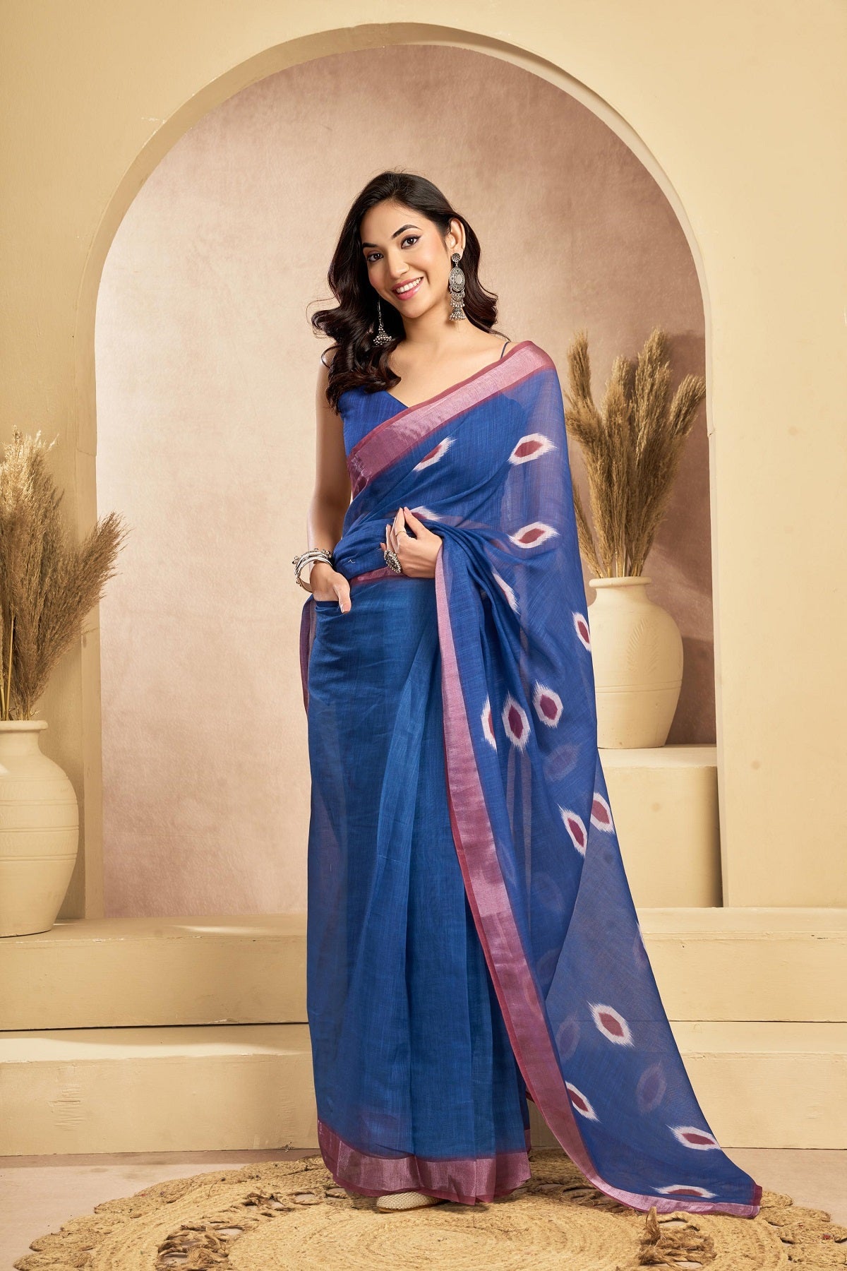 Dwija Fashion Dark Blue Party Wear Printed Linen Ready To Wear Saree With Unstitched Blouse | Grocsy