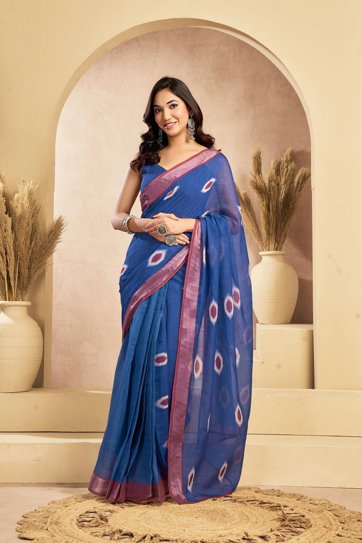 Dwija Fashion Dark Blue Party Wear Printed Linen Ready To Wear Saree With Unstitched Blouse | Grocsy