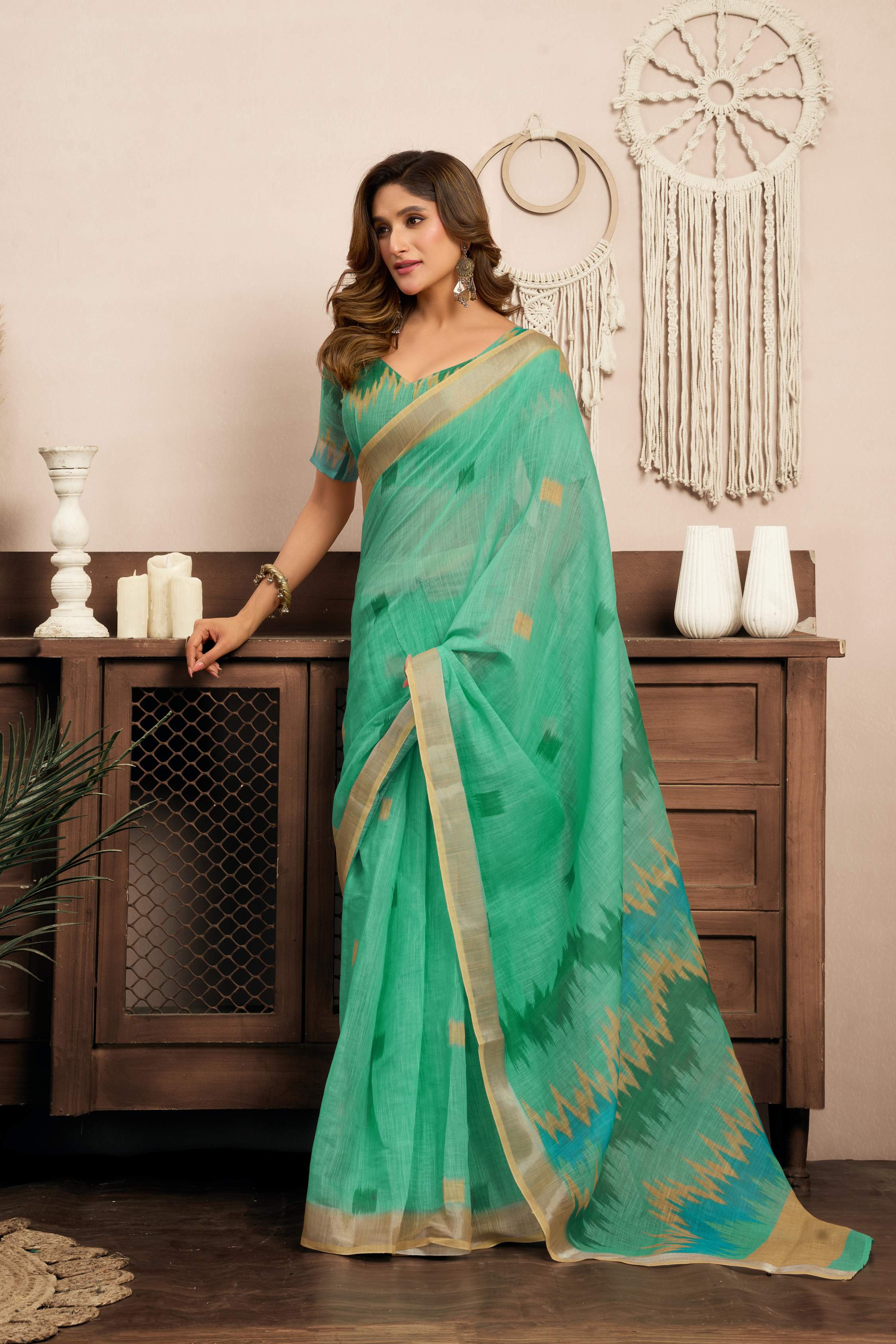 Dwija Fashion Mint Green Party Wear Printed Linen Ready To Wear Saree With Unstitched Blouse | Grocsy
