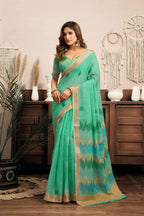Dwija Fashion Mint Green Party Wear Printed Linen Ready To Wear Saree With Unstitched Blouse | Grocsy